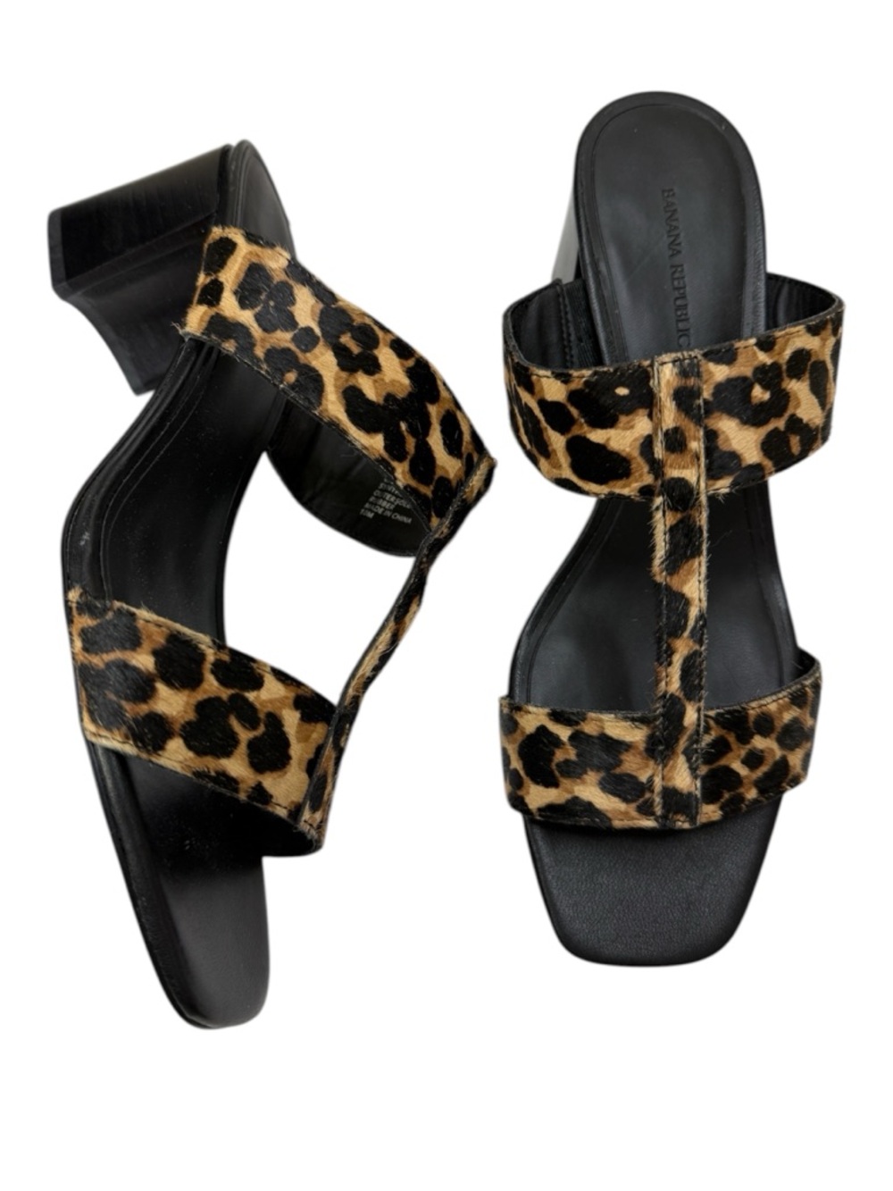Banana Republic Block-Heel Leopard Print Hair-Calf T-Strap Square Toe Mule Sz 10